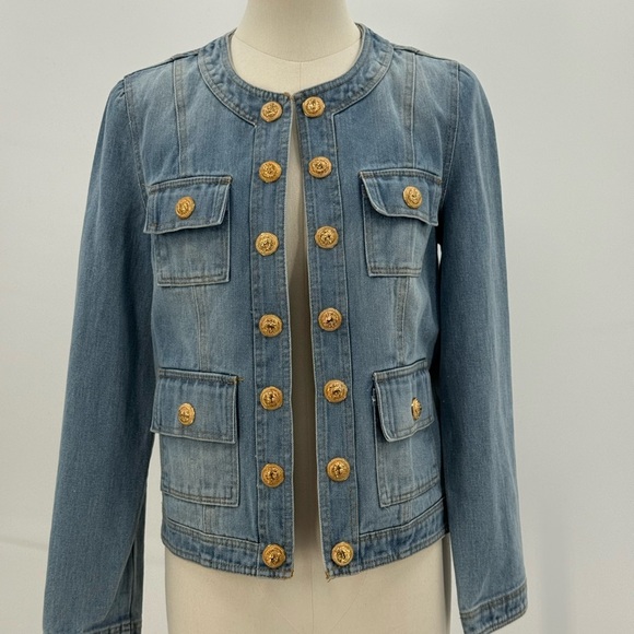 Ma Cherie Light Wash Denim Jacket with Gold Crest Buttons Chic Military Style - Picture 14 of 15